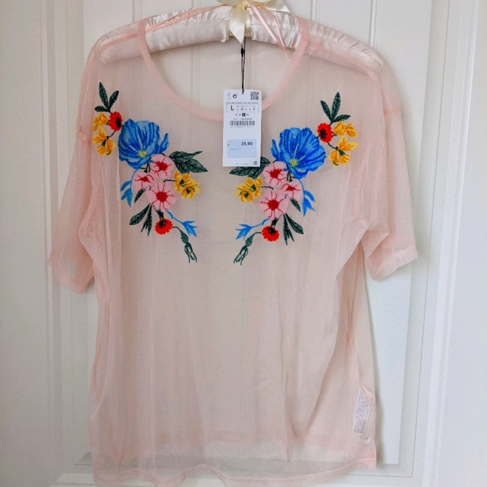 NWT Zara Sheer Pink Embroidered Blouse
